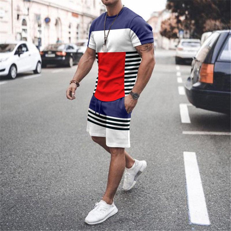Men's Short Sleeve Sports Casual Fashion Striped Colorblock Suit - Amazitshop
