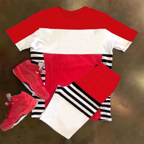 Men's Short Sleeve Sports Casual Fashion Striped Colorblock Suit - Amazitshop