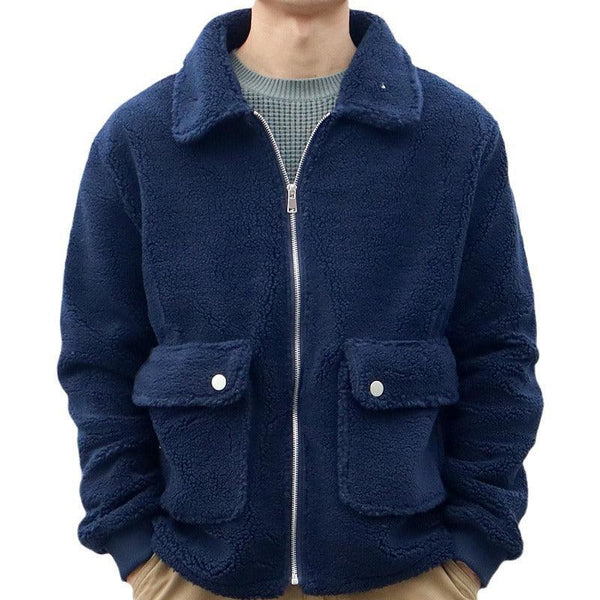 Men's Solid Color Double Pocket Lamb Wool Jacket - Amazitshop