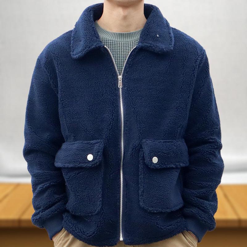 Men's Solid Color Double Pocket Lamb Wool Jacket - Amazitshop