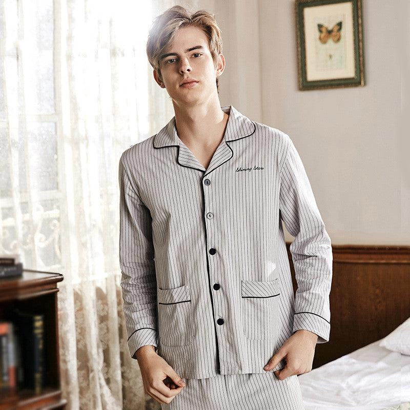 Men's Vertical Stripe Cotton Large Size Lapel Cardigan Long Sleeve Pajamas - Amazitshop