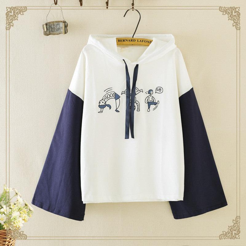 Merry Pretty Women Cartoon Embroidery Hooded Sweatshirts Winter Long Sleeve Drawstring Patchwork Hoodies Femme Pullovers - Amazitshop