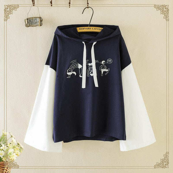 Merry Pretty Women Cartoon Embroidery Hooded Sweatshirts Winter Long Sleeve Drawstring Patchwork Hoodies Femme Pullovers - Amazitshop