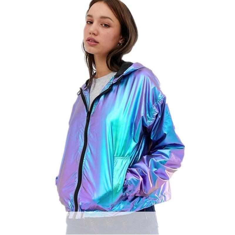 Metallic waterproof large size loose women's hooded jacket - Amazitshop