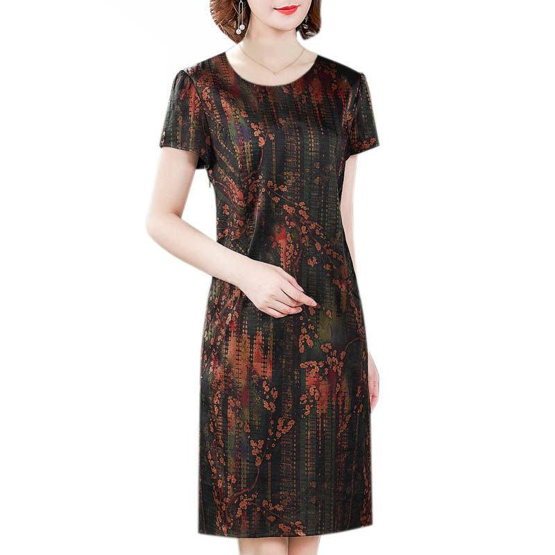 Middle - aged And Elderly Ice Silk Print Dress Fashion Casual - Amazitshop