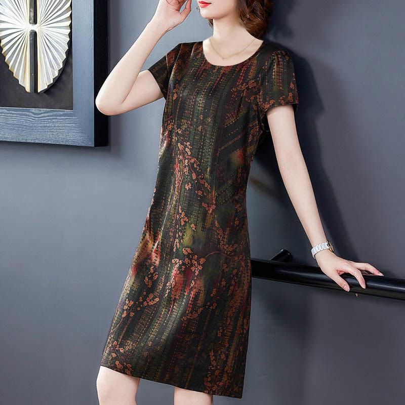 Middle - aged And Elderly Ice Silk Print Dress Fashion Casual - Amazitshop