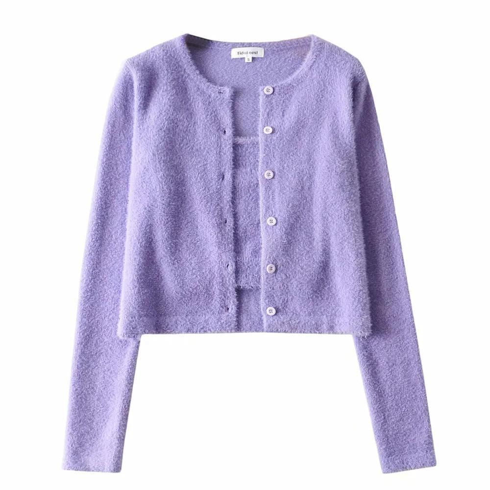 Mohair Knitted Cardigan Coat Top Suspender Vest Suit - Amazitshop