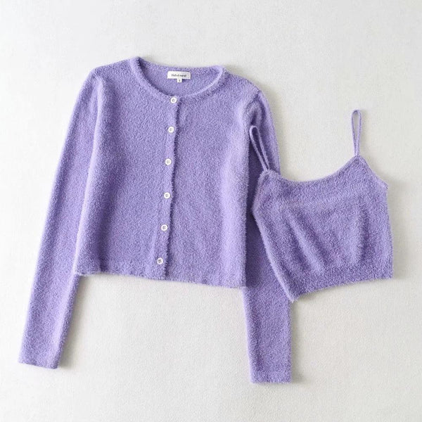 Mohair Knitted Cardigan Coat Top Suspender Vest Suit - Amazitshop