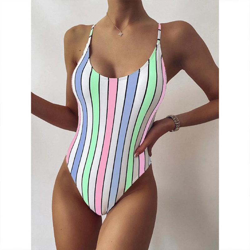 Multicolor Striped One - piece Swimsuit Women European And American Foreign Trade Swimwear Amazon Bikini - Amazitshop