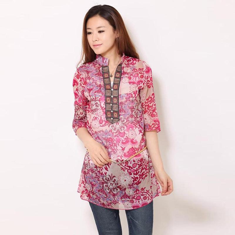 National Style Chiffon 3 Quarter Sleeve Printing Blouse - Amazitshop