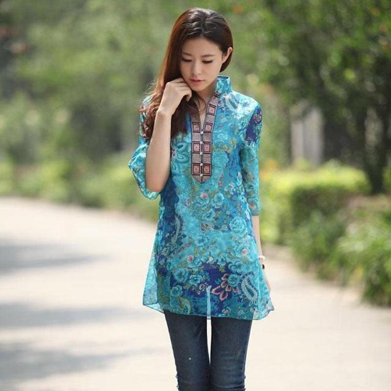 National Style Chiffon 3 Quarter Sleeve Printing Blouse - Amazitshop