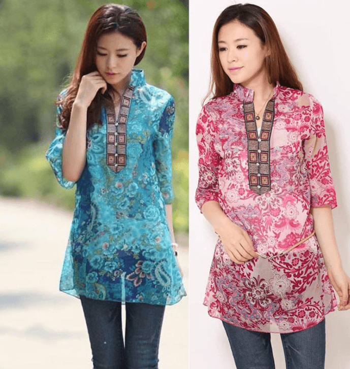 National Style Chiffon 3 Quarter Sleeve Printing Blouse - Amazitshop