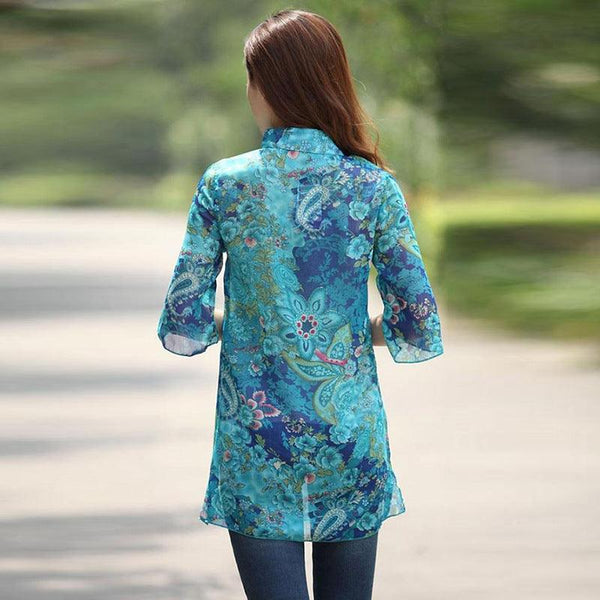 National Style Chiffon 3 Quarter Sleeve Printing Blouse - Amazitshop