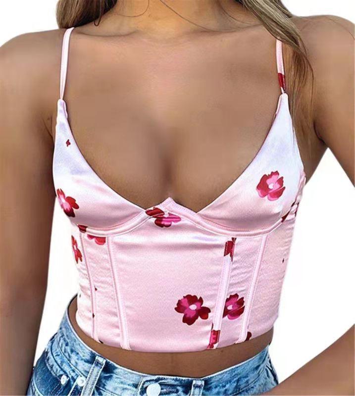 Neck Floral Tanks Camis Sexy Bustier Summer Tube Crop Tops Festival Outfit - Amazitshop