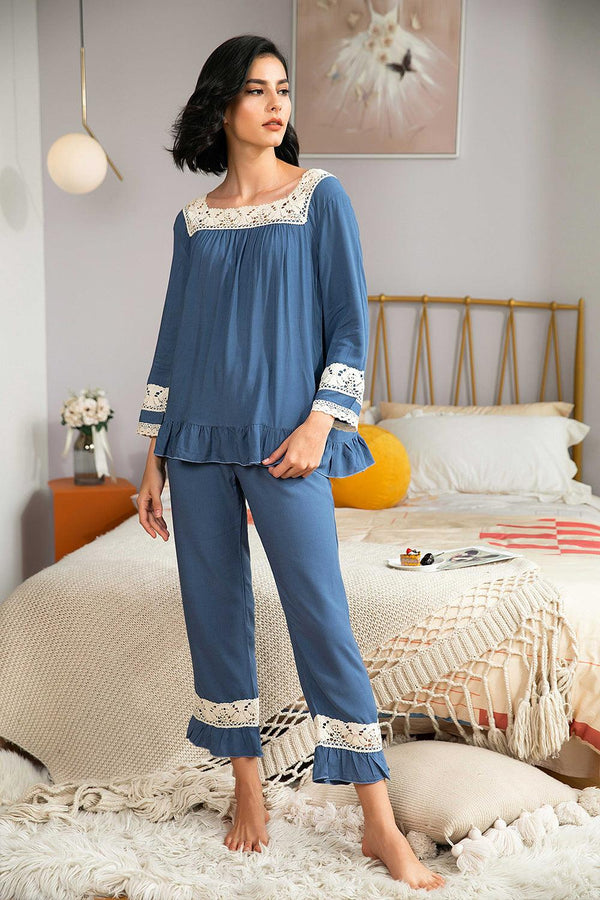 New Casual Solid Color Lace Stitching Home Wear For Autumn And Winter - Amazitshop