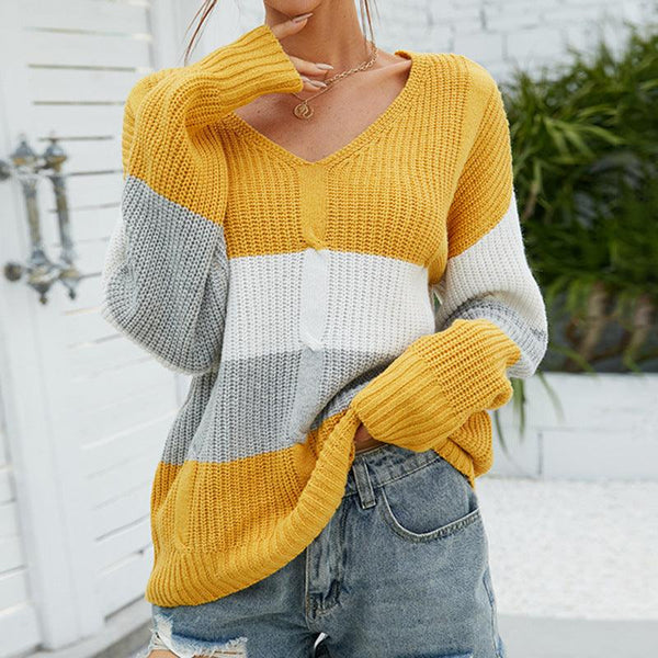 New Color Contrast Women's Knitwear Twist V - neck - Amazitshop