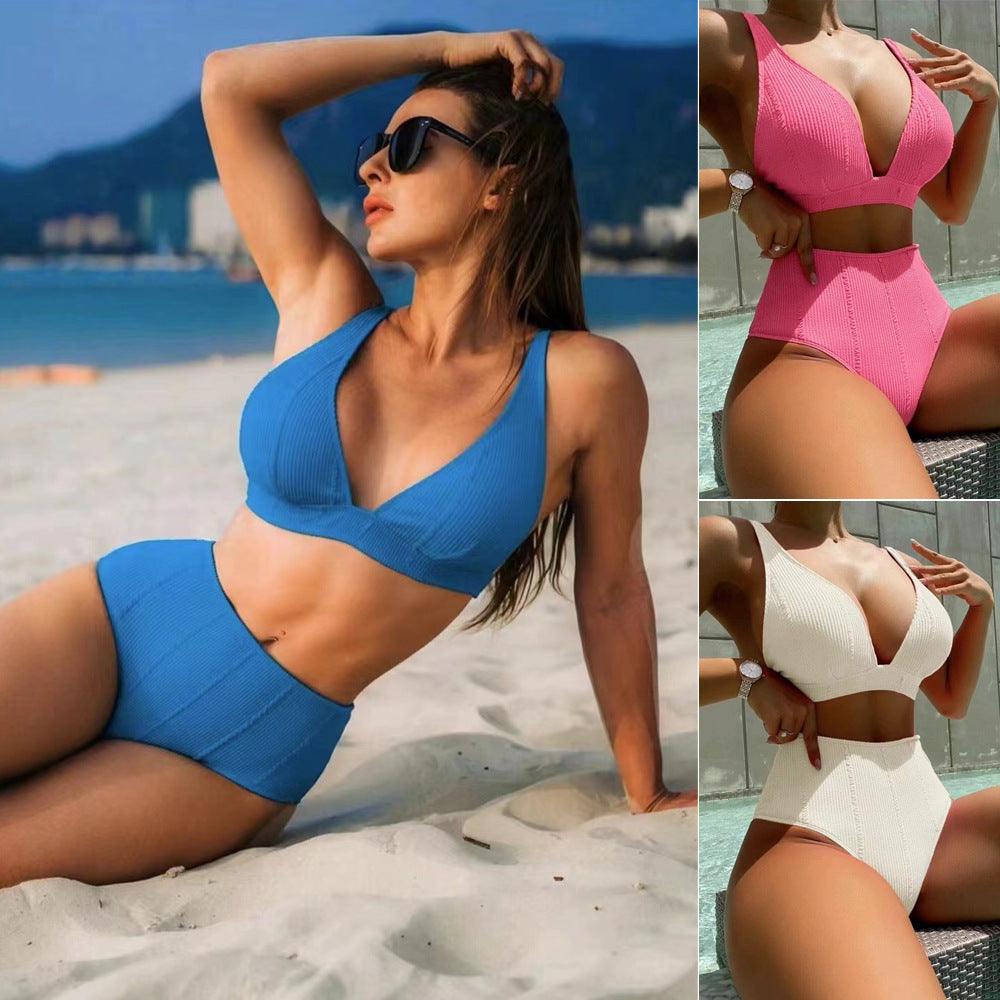 New European And American Swimwear Split High Waist Solid Color - Amazitshop