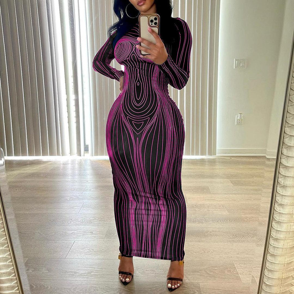 New Fall Women's Clothing Long Sleeve Round Neck Fashion Printed Slim Fit Sheath Bottom Dress - Amazitshop