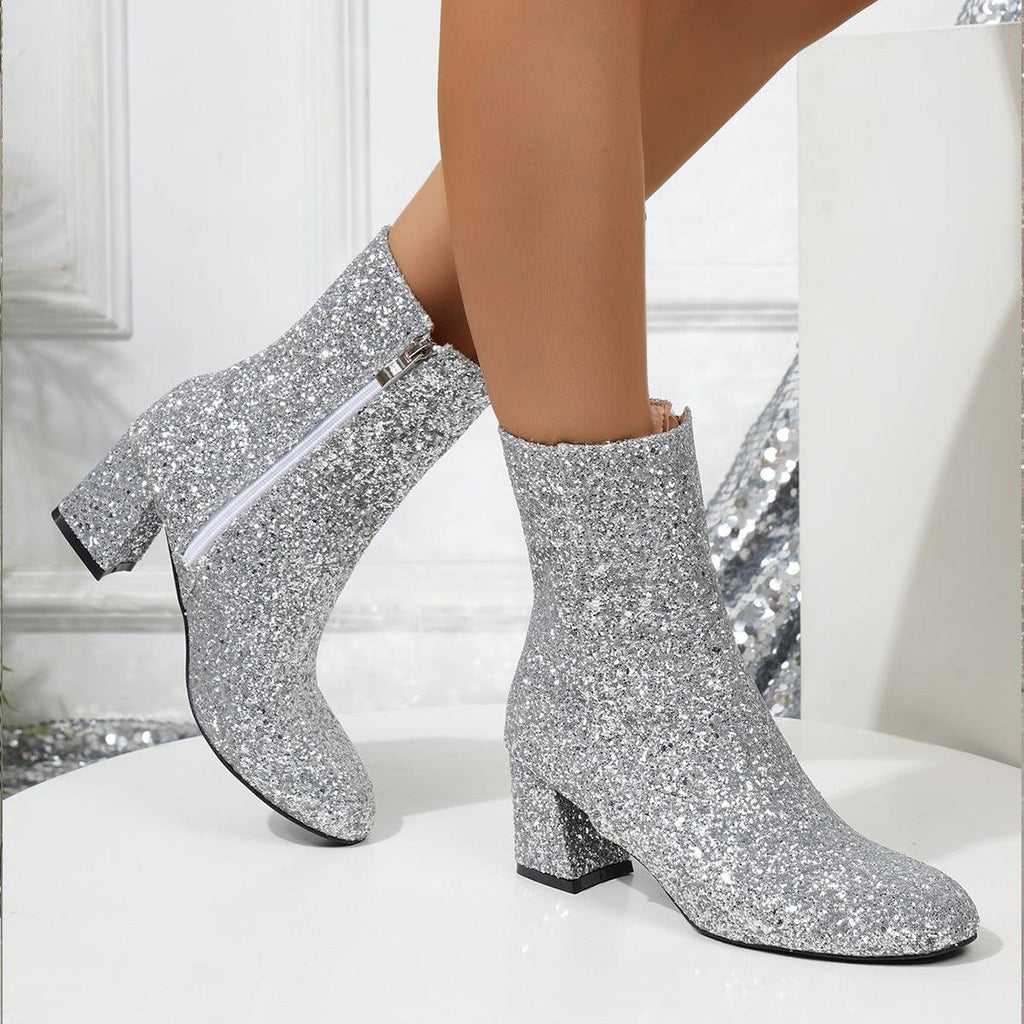 New Fashion Sequin Boots For Women Square Heel Side Zipper Shoes Lady Street Party Evening Boots Winter Autumn Spring - Amazitshop