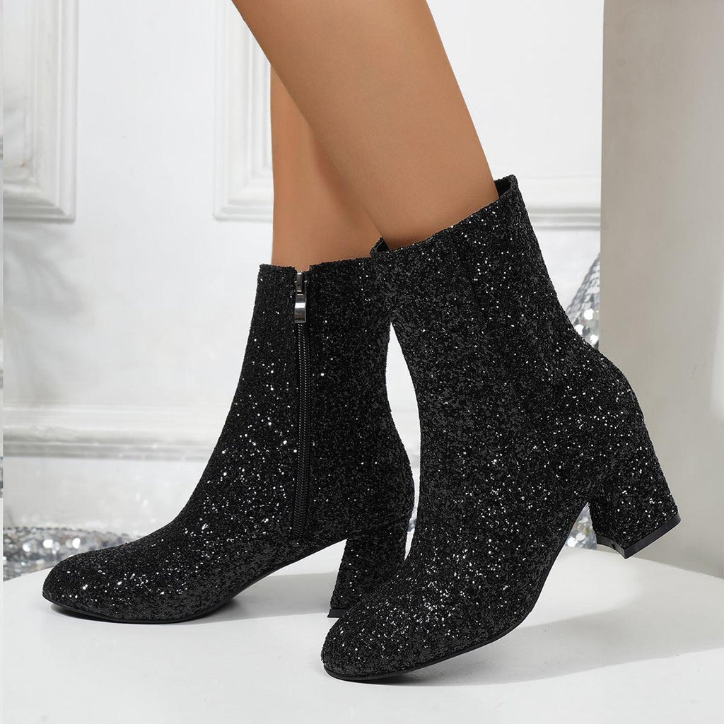 New Fashion Sequin Boots For Women Square Heel Side Zipper Shoes Lady Street Party Evening Boots Winter Autumn Spring - Amazitshop
