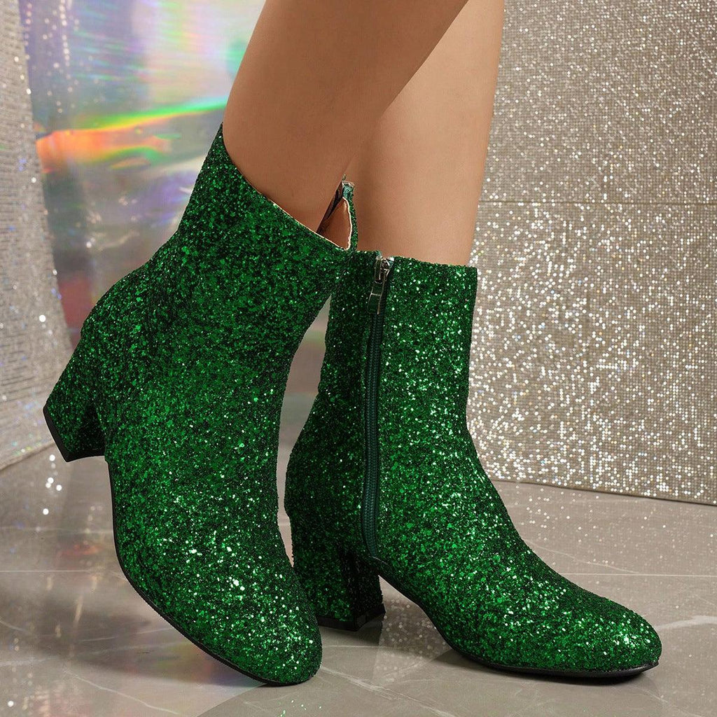 New Fashion Sequin Boots For Women Square Heel Side Zipper Shoes Lady Street Party Evening Boots Winter Autumn Spring - Amazitshop