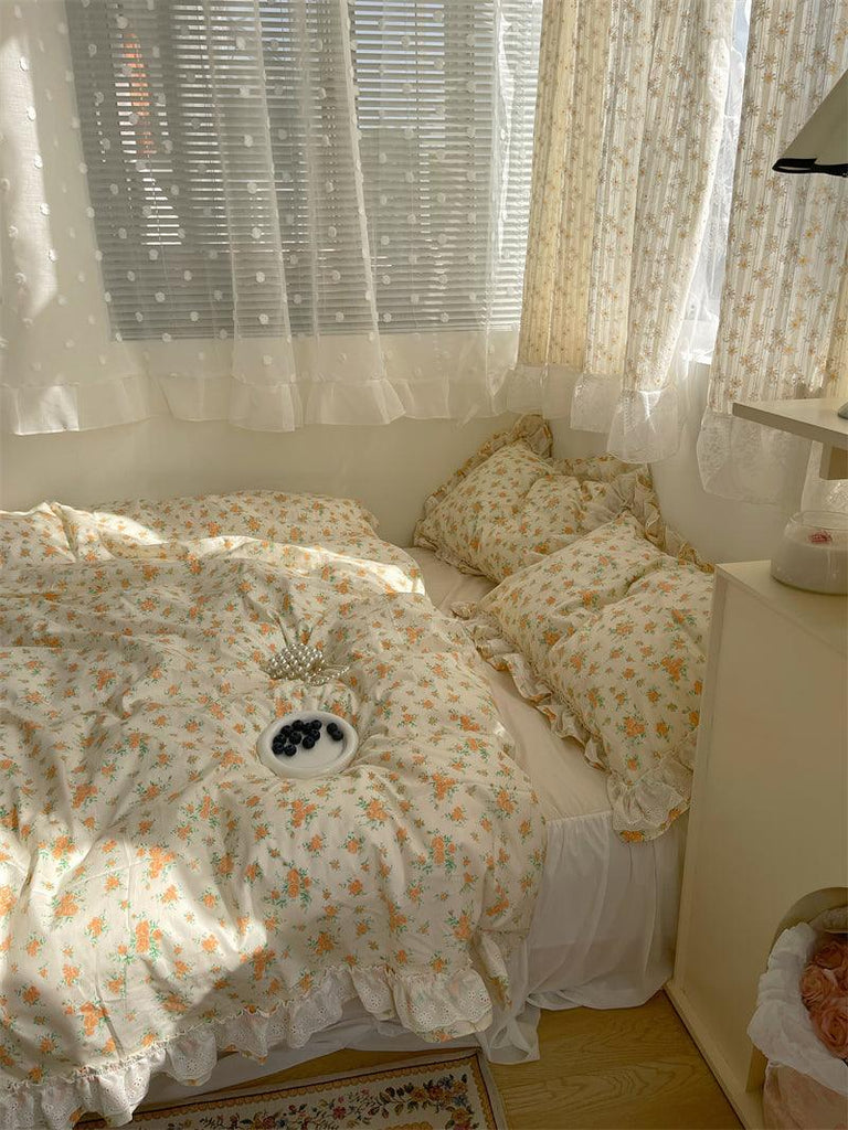 New Fragmented Flower All Cotton Four Piece Lace Pure Bed Sheet Quilt Cover Bed Skirt Bedclothes - Amazitshop