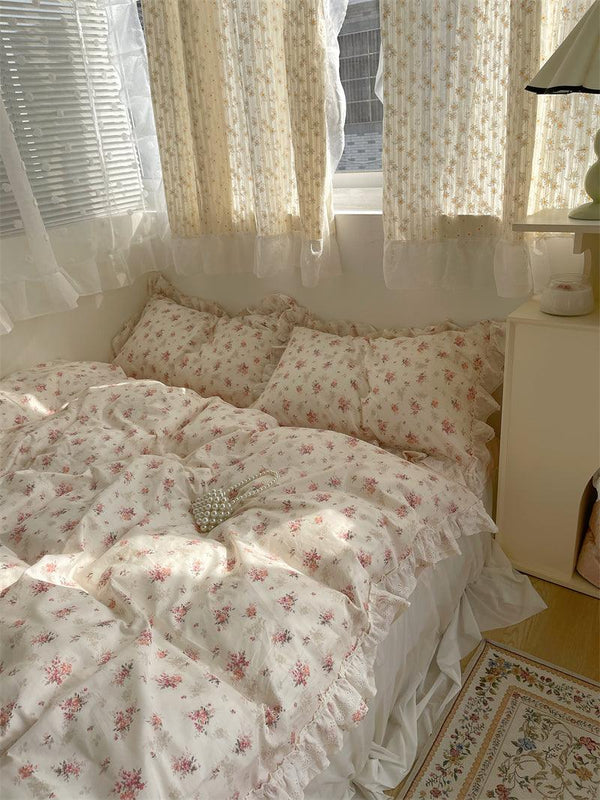 New Fragmented Flower All Cotton Four Piece Lace Pure Bed Sheet Quilt Cover Bed Skirt Bedclothes - Amazitshop