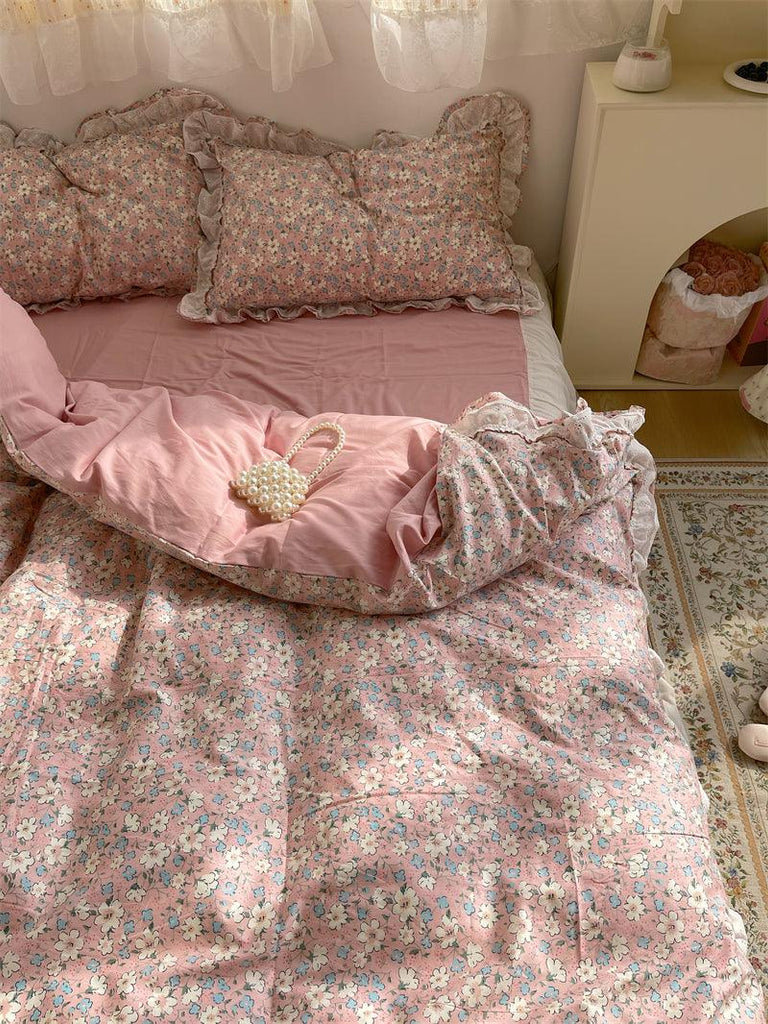 New Fragmented Flower All Cotton Four Piece Lace Pure Bed Sheet Quilt Cover Bed Skirt Bedclothes - Amazitshop