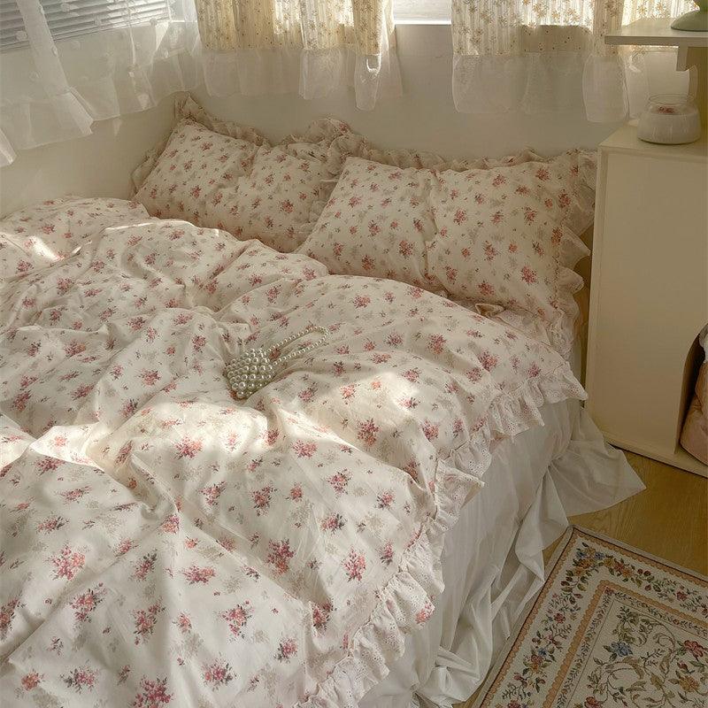 New Fragmented Flower All Cotton Four Piece Lace Pure Bed Sheet Quilt Cover Bed Skirt Bedclothes - Amazitshop