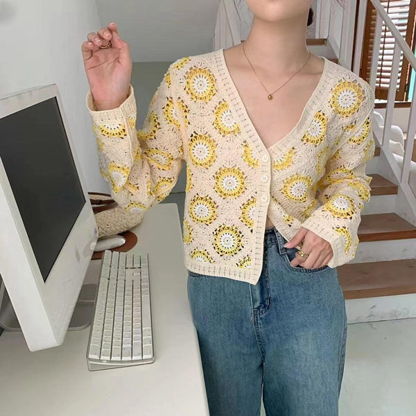 New Hollow - out Embroidered V - neck Knitwear Coat For Women Short Sweet All - matching Top - Amazitshop