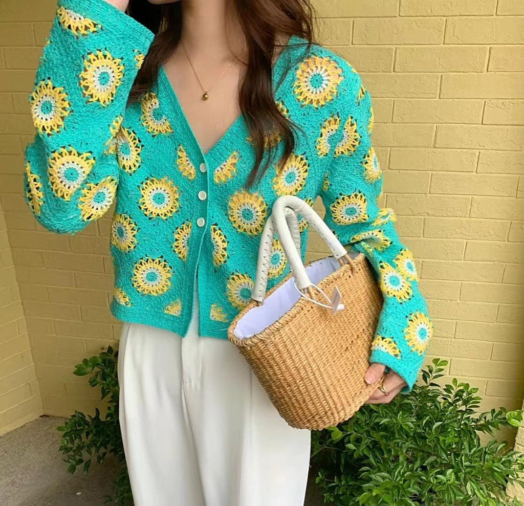 New Hollow - out Embroidered V - neck Knitwear Coat For Women Short Sweet All - matching Top - Amazitshop