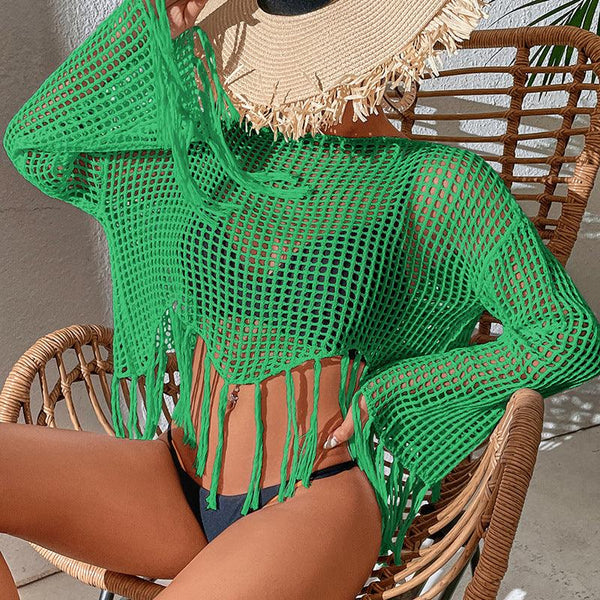 New Knitted Hollow Tassel Blouse Seaside Vacation Beachwear Bikini Swimsuit Sun Protection Blouse - Amazitshop