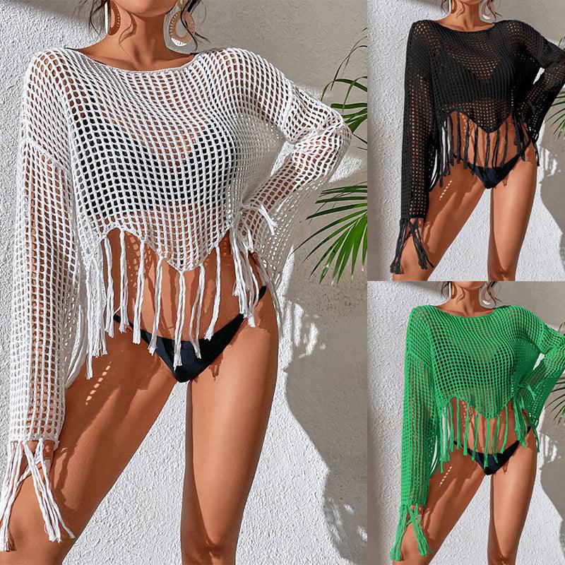 New Knitted Hollow Tassel Blouse Seaside Vacation Beachwear Bikini Swimsuit Sun Protection Blouse - Amazitshop