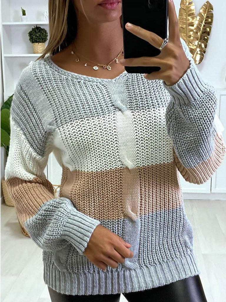 New Knitted V Neck Color Matching Long Sleeved Sweater Women - Amazitshop