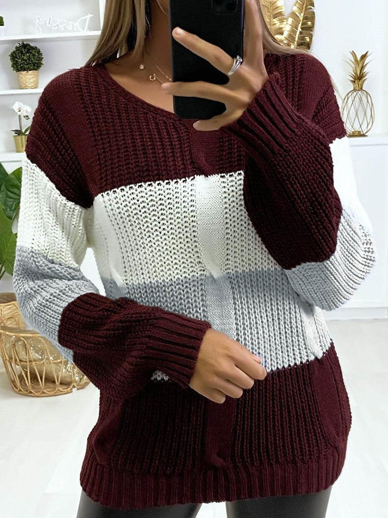 New Knitted V Neck Color Matching Long Sleeved Sweater Women - Amazitshop