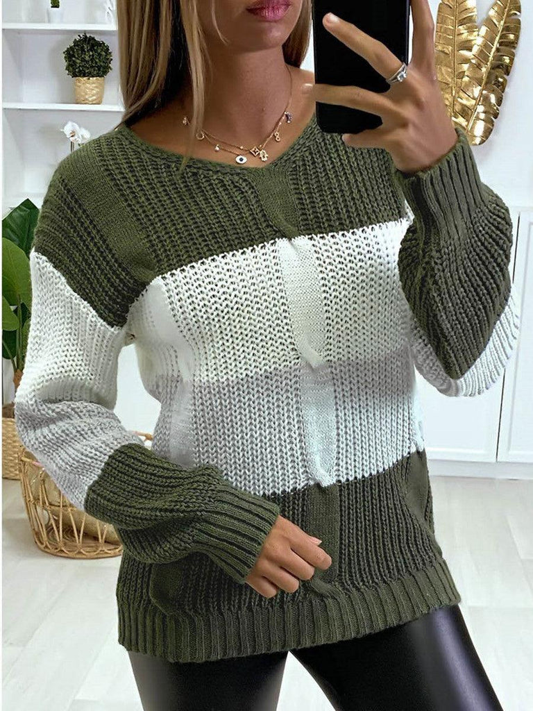 New Knitted V Neck Color Matching Long Sleeved Sweater Women - Amazitshop