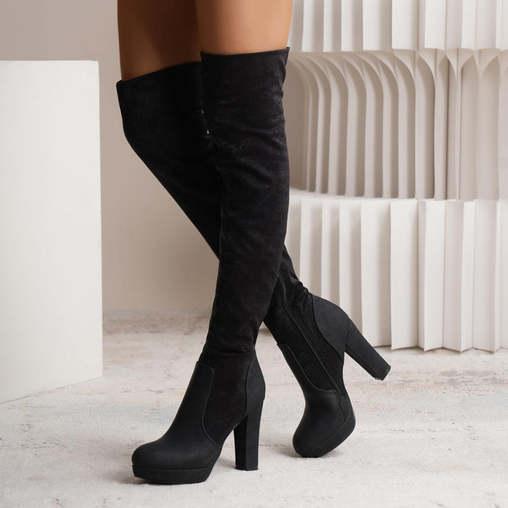 New Long Boots For Women Elastic Suede High Square Heel Over - the - knee Boots Fashion Party Shoes Winter - Amazitshop
