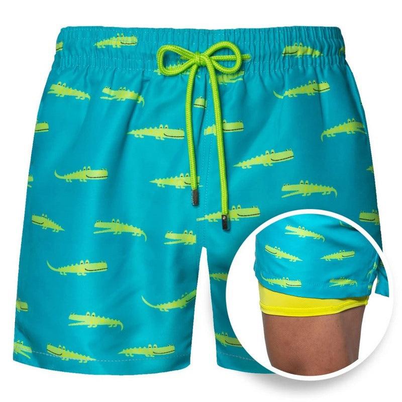 New Men's Printed Beach Shorts Sports Double Layer Shorts Summer - Amazitshop