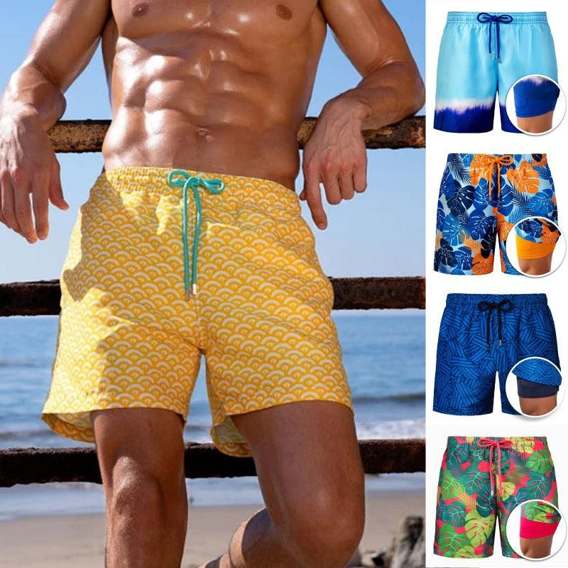 New Men's Printed Beach Shorts Sports Double Layer Shorts Summer - Amazitshop