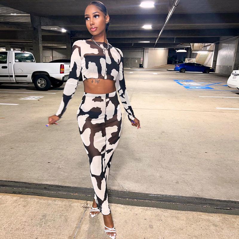 New Mesh Printing Navelless Long - sleeved Slim Dress Suit - Amazitshop