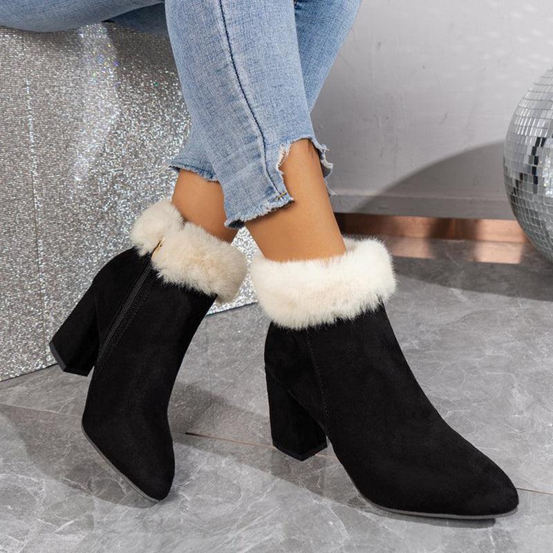 New Plaid Print Plush Ankle Boots Winter Fashoin Square Heel Suede Boots Women Casual Versatile Shoes Autumn And Winter - Amazitshop