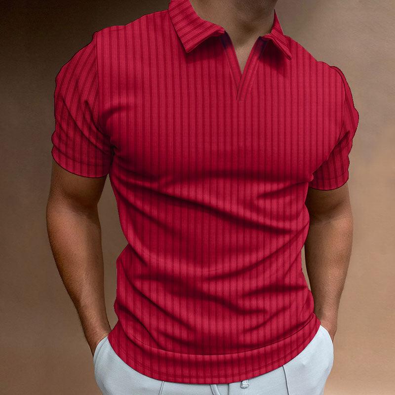 New Polo Shirt Lapel V - line Striped Short - sleeved Men's T-shirt - Amazitshop