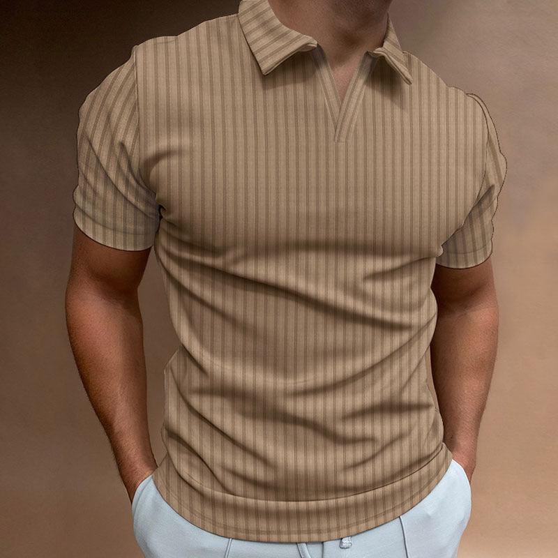 New Polo Shirt Lapel V - line Striped Short - sleeved Men's T-shirt - Amazitshop