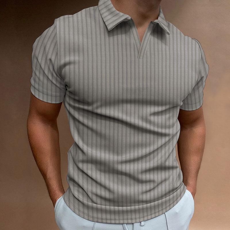 New Polo Shirt Lapel V - line Striped Short - sleeved Men's T-shirt - Amazitshop