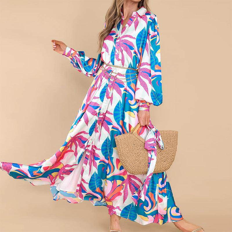 New Printed Dresses Long - sleeved Polo Collar Oversized Hem Dresses Women - Amazitshop