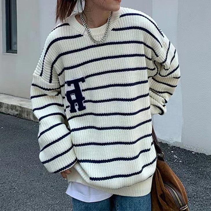 New Retro Japanese Striped Letters Loose Pullover Outerwear Long - sleeved Tops - Amazitshop