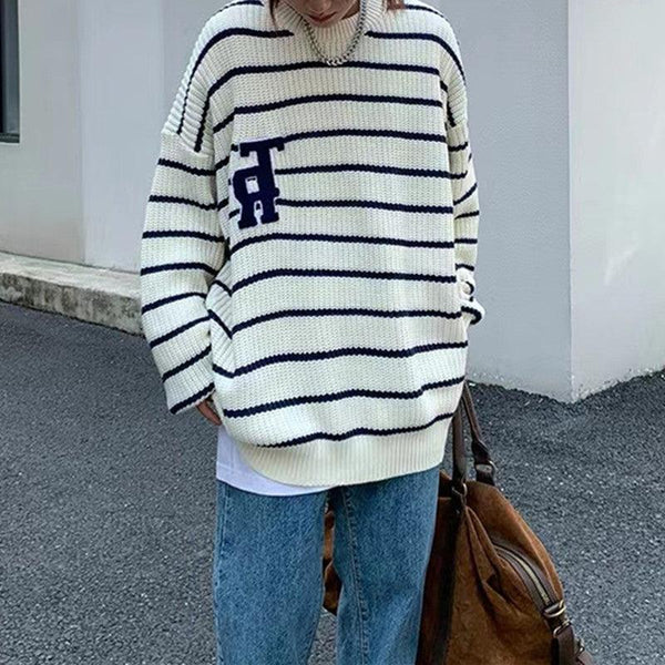 New Retro Japanese Striped Letters Loose Pullover Outerwear Long - sleeved Tops - Amazitshop