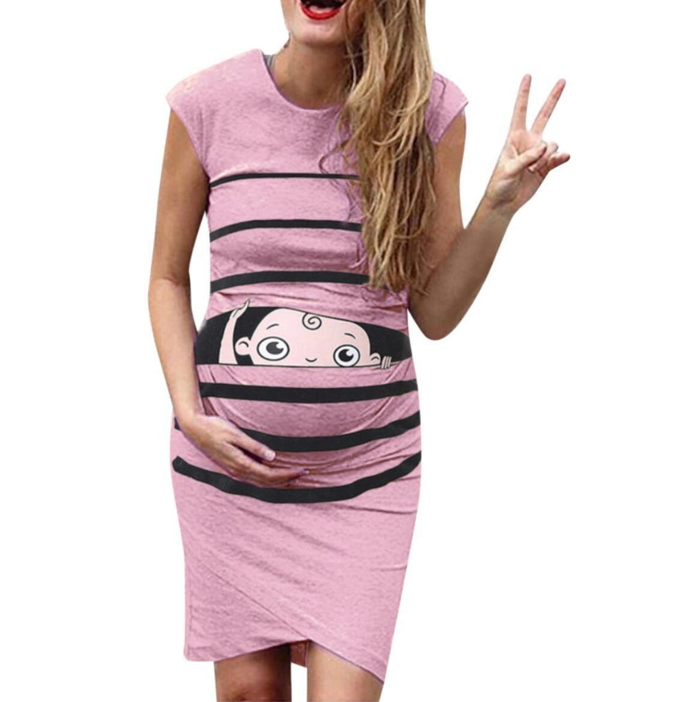 New Round Neck Short - Sleeved Letter Printing Maternity Dress Irregular Pleated Dress - Amazitshop