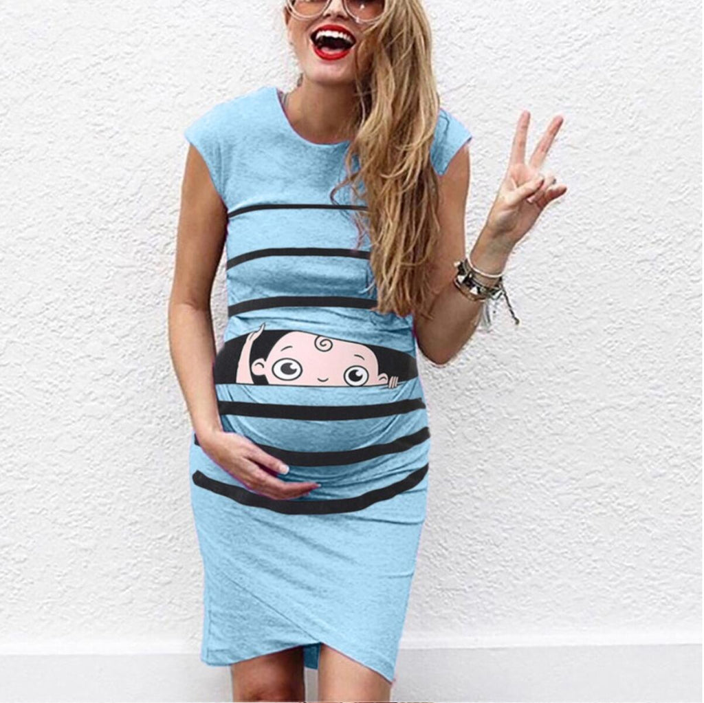 New Round Neck Short - Sleeved Letter Printing Maternity Dress Irregular Pleated Dress - Amazitshop