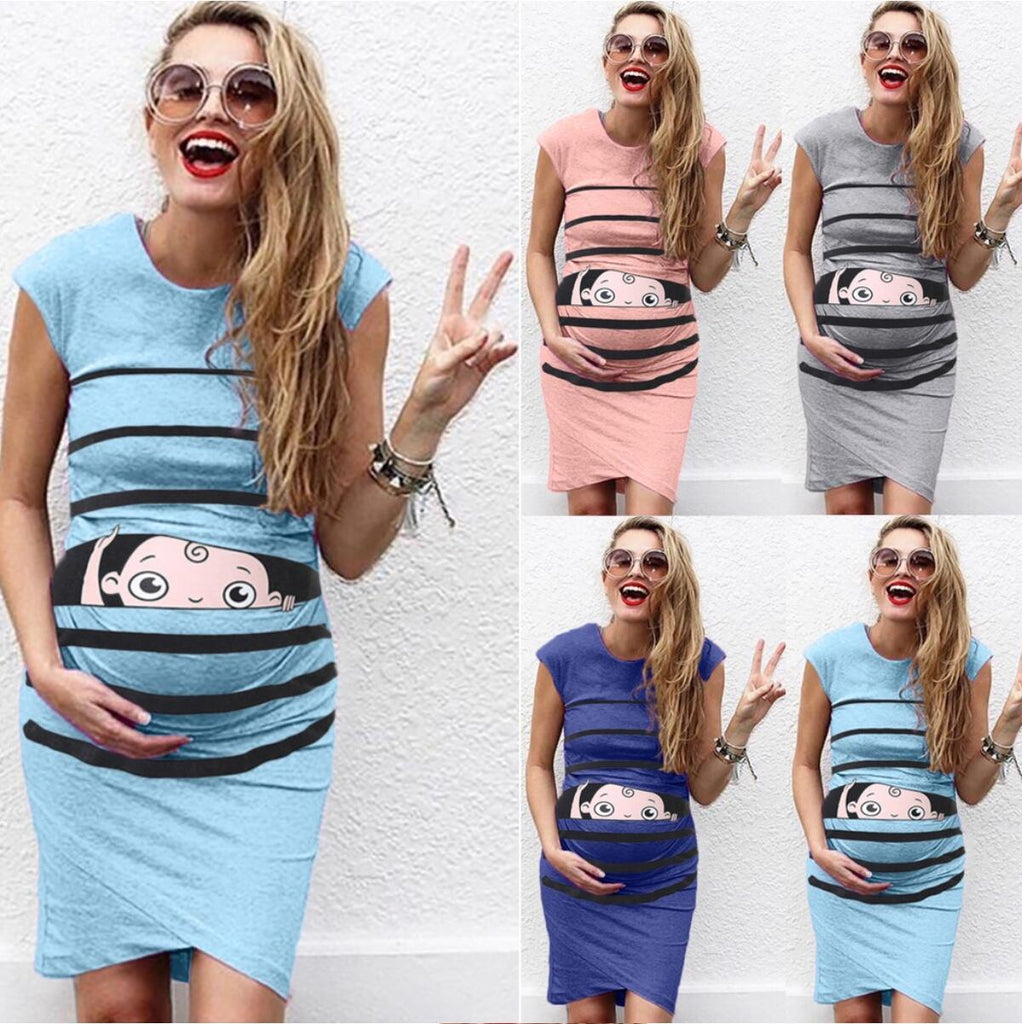 New Round Neck Short - Sleeved Letter Printing Maternity Dress Irregular Pleated Dress - Amazitshop